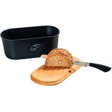 Zwarte broodtrommel met houten snijplank deksel 18 x 34 x 14 cm - Keukenbenodigdheden - Broodtrommels/brooddozen/vershoudtrommels - Brood/kadetjes bewaren en vers houden