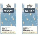 2x stuks draadverlichting zilverdraad 40 warm witte lampjes - 1195 cm - Kerstverlichting lichtsnoeren op batterijen