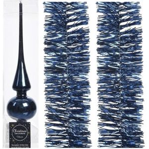 Kerstboomversiering set donkerblauwe piek en 2x folieslingers set - Kerstboomversiering donkerblauw