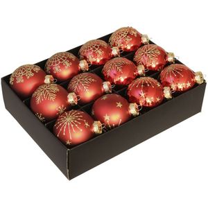Othmara Kerstballen - 12st - glas - rood - gedecoreerd - 7,5 cm