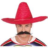 Carnaval verkleed setje - Mexicaanse Sombrero hoed van 59 cm met plak nepsnor - rood - heren