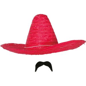 Carnaval verkleed setje - Mexicaanse Sombrero hoed van 59 cm met plak nepsnor - rood - heren