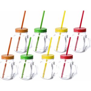 8x stuks Glazen Mason Jar drinkbekers met dop en rietje 500 ml - 4x kleuren, 2x stuks per kleur