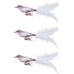 6x stuks decoratie vogels op clip roze 20 cm - Decoratievogeltjes/kerstboomversiering/bruiloftversiering