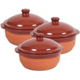 4x Stenen ovenschalen met deksel bruin 20 cm - Terracotta ovenschalen/braadpannen - pannetjes voor 1 persoon