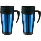 2x Thermosbeker/warmhoudbeker blauw/zwart 400 ml - Thermo koffie/thee bekers dubbelwandig met schroefdop 2 stuks