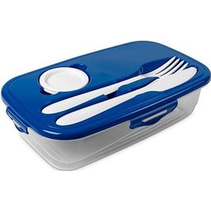 1x Lunchbox blauw met bestek 1 liter plastic - Salade to go - Paris - Luchtdicht/hermetisch afgesloten vershouddoos bakje - Mealprep - Maaltijden bewaren