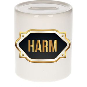 Harm naam cadeau spaarpot met gouden embleem - kado verjaardag/ vaderdag/ pensioen/ geslaagd/ bedankt