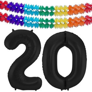 Folat folie ballonnen - Leeftijd cijfer 20 - zwart - 86 cm - en 2x slingers