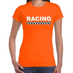 Racing coureur supporter / finish vlag t-shirt oranje voor dames -  race autosport / motorsport thema / race supporter / finish vlag