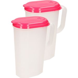 Waterkan/sapkan - 2x - transparant/fuchsia met deksel - 2 - liter kunststof