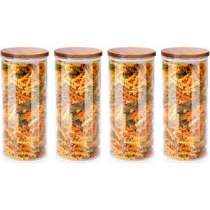 Voorraadpot/bewaarpot Foodking - 4x - borosilicaat glas - 1250 ml - glas/hout - D9.5 x H21 cm - voedsel bewaren