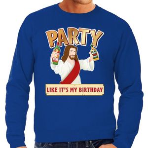 Foute Kersttrui / sweater - Party Jezus - blauw voor heren - kerstkleding / kerst outfit