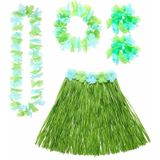 4x stuks hawaii dames verkleed setje rokje en bloemenslingers groen - Carnaval party kleding