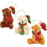3x Kersthangers knuffelbeertjes wit beige en bruin met gekleurde sjaal en muts 7 cm - Kerst hangdecoratie - Kerstboom versiering