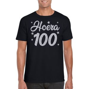 Hoera 100 jaar verjaardag cadeau t-shirt - zilver glitter op zwart - heren - cadeau shirt