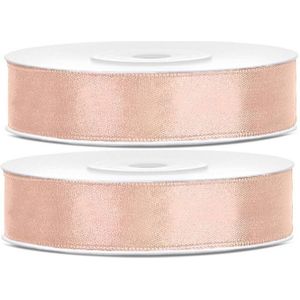 2x Hobby/decoratie perzik roze satijnen sierlinten 1,2 cm/12 mm x 25 meter - Cadeaulinten satijnlinten/ribbons - Perzik roze linten - Hobbymateriaal benodigdheden - Verpakkingsmaterialen