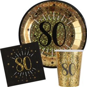 Verjaardag feest bekertjes en bordjes leeftijd - 30x - 80 jaar - goud - karton