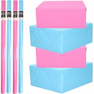 8x Rollen kraft inpakpapier pakket roze en blauw babyshower/geboorte/gender reveal 200 x 70 cm/cadeaupapier/verzendpapier