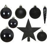 49x stuks kunststof kerstballen met ster piek zwart mix - Kerstversiering/boomversiering