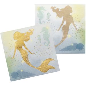 12x Zeemeermin/mermaid/oceaan themafeest servetten goud 33 x 33 cm - Kinder feestartikelen/versiering voor op tafel