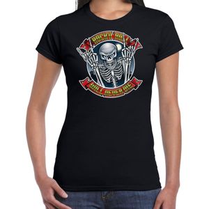 Halloween rock en roll skelet verkleed t-shirt zwart voor dames - Rock en roll skelet shirt / kleding / kostuum / horror outfit