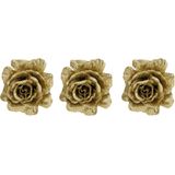 3x stuks decoratie bloemen roos goud glitter op clip 10 cm - Decoratiebloemen/kerstboomversiering/kerstversiering