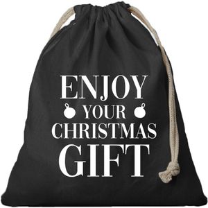 2x Kerst Enjoy your Chrismas gift cadeauzakje zwart met sluitkoord - katoenen / jute zak - Kerst cadeauverpakking zakjes