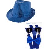 Carnaval verkleedset Supercool - hoedje/bretels/bril/strikje - blauw - heren/dames - glimmend - verkleedkleding accessoires