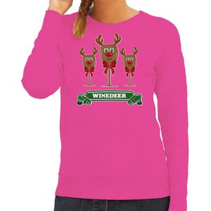 Bellatio Decorations Foute Kersttrui/sweater dames - winedeer - roze - wijn - rendier - Rudolf