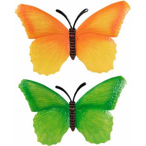 Set van 2x stuks tuindecoratie muur/wand/schutting vlinders van metaal in groen en oranje tinten 40 x 25 cm
