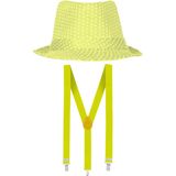 Carnaval verkleed set - hoedje en bretels - fluor geel - dames/heren
