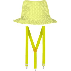 Carnaval verkleed set - hoedje en bretels - fluor geel - dames/heren