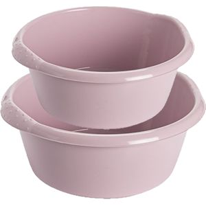 Voordeel set multifunctionele kunststof ronde afwas teiltjes oud roze in 2-formaten - 10 en 15 liter inhoud