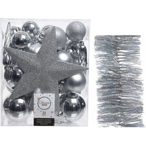 Kerstversiering kunststof kerstballen 5-6-8 cm met ster piek en glitter slingers pakket zilver van 35x stuks - Kerstboomversiering