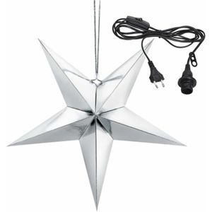 Kerstversiering zilveren kerststerren 45 cm inclusief zwarte lichtkabel