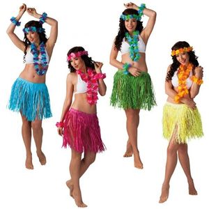 4x stuks gele hawaii thema verkleed kransen set met rokje - Verkleedkleding setje voor dames