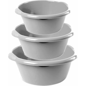 Combi set van 3x stuks ronde afwasteiltjes/afwasbakken in het zilver 6, 10 en 15 liter - Kunststof - Schoonmaak/huishouden