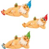 Tuinkabouter beeld Happy Nudist - Polystone - Naakt met blik pils - 26 cm - Origineel fun kado - Rode muts - Stoute kabouters