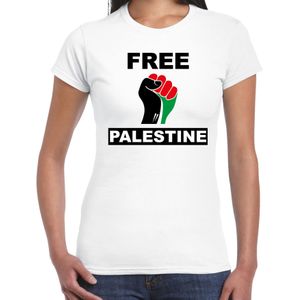 Free Palestine t-shirt wit dames - Palestina protest/ demonstratie shirt met Palestijnse vlag in vuist