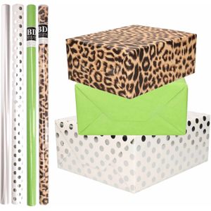 8x Rollen transparante folie/inpakpapier pakket - panterprint/groen/wit met zilveren stippen 200 x 70 cm - dierenprint papier