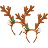 Henbrandt kerst diadeems/haarbanden - 2x - rendier gewei kerstmuts -bruin -30 cm