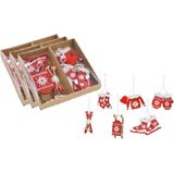 18x stuks houten kersthangers rood/wit wintersport thema kerstboomversiering - Kerstversiering kerstornamenten