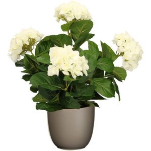 Hortensia kunstplant/kunstbloemen 45 cm - wit - in pot taupe mat - Kunst kamerplant