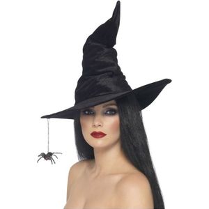 Hoge heksenhoed zwart met kreukels en spin 74 cm - Heksen verkleed hoed - Halloween/Horror