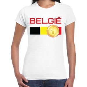 Belgie landen t-shirt met medaille en Belgische vlag - wit - dames -  Belgie landen shirt / kleding - EK / WK / Olympische spelen outfit