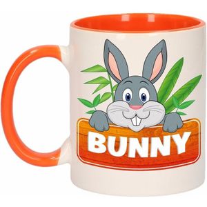 1x Bunny beker / mok - oranje met wit - 300 ml keramiek - konijnen bekers