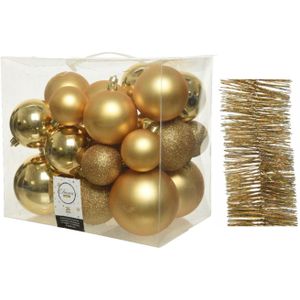 Kerstversiering kunststof kerstballen 6-8-10 cm met glitter folieslingers pakket goud van 28x stuks - Kerstboomversiering