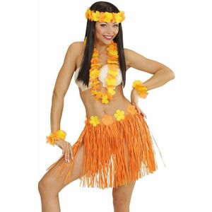 Oranje Hawaii verkleedset voor dames - Rokje met bloemen kransen