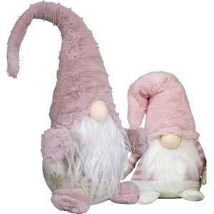 Pluche knuffel gnomes/dwergen - set 2x st - 20 en 46 cm - lichtroze